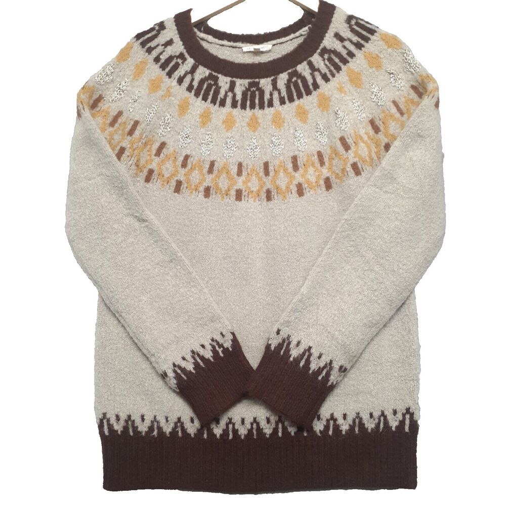 Mystree Women Sz S Knit Sweater Pullover Brown Cream Fair Isle Nordic Cabincore